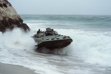 Fototapeta premium A military vehicle pushes through crashing waves on a rugged beach, illustrating the relentless force and motion of defense machinery.