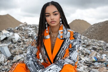 A high-fashion editorial featuring a model in a bold outfit made entirely of recycled materials