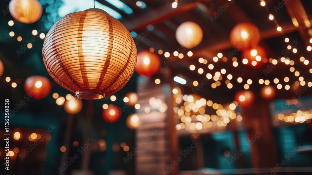 Poster cozy wooden patio illuminated by softly glowing lanterns, creating a warm and inviting ambiance perf