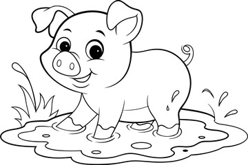 Adorable Cartoon Piglet Playing in a Muddy Puddle