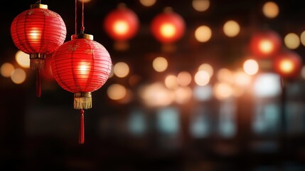 Fototapeta premium Vibrant red lanterns glow with warm light, hanging in a festive setting that evokes a sense of cultural celebration and traditional elegance under the evening lights.
