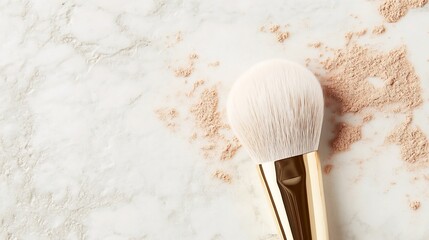 Close-up of shimmering highlighter makeup brush with soft lighting on white background
