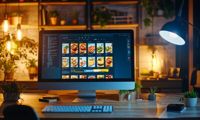 Computer screen displaying food images for design purposes.