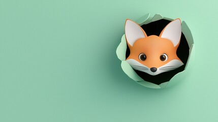 Obraz premium Cute orange fox peeking through a hole in a pastel green cartoon background. An animal sticks its head out of a hole. Colorful and creative background with copy space.