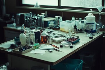 Naklejka premium A cluttered laboratory desk filled with scientific instruments and chemicals, evoking a sense of exploration and innovation.