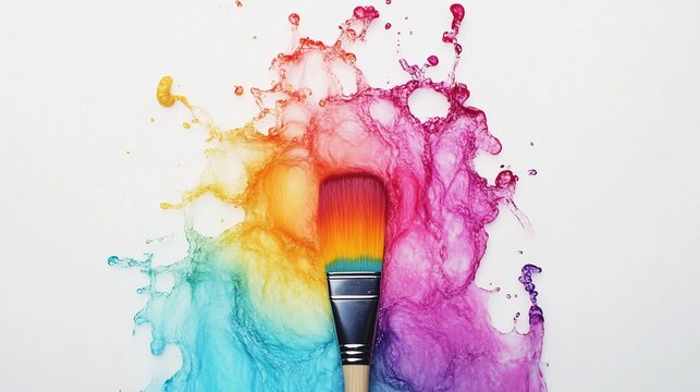 Colorful Paintbrush Cleaning Under Running Water on White Background