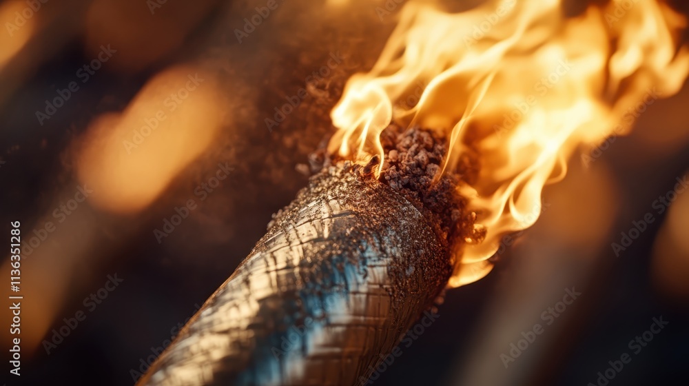 Poster detailed close-up of a burning torch, capturing the intricate fiery patterns, embodying the dramatic