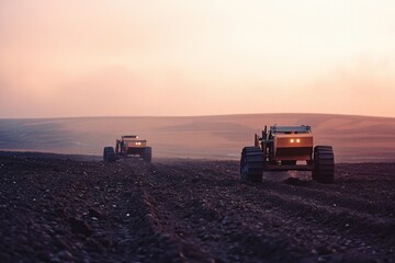 Fototapeta premium Two tractors drive into the vast horizon under a soft, pastel sky, illustrating the spirit of agriculture and the endless fields they cultivate.