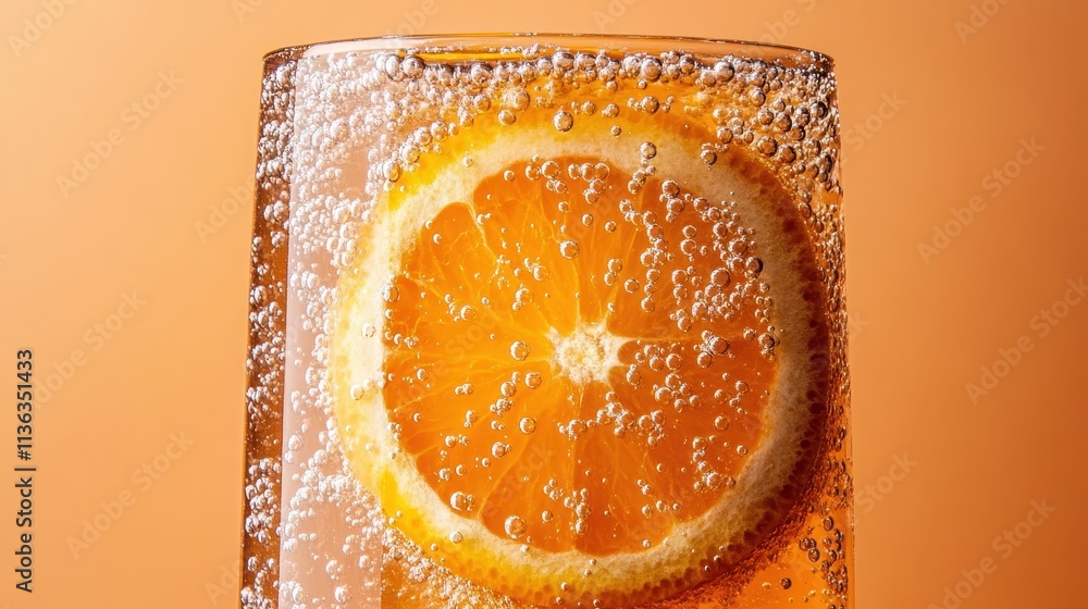 Poster a refreshing close-up image of a fizzy soda with vibrant orange slice suspended in the effervescent 
