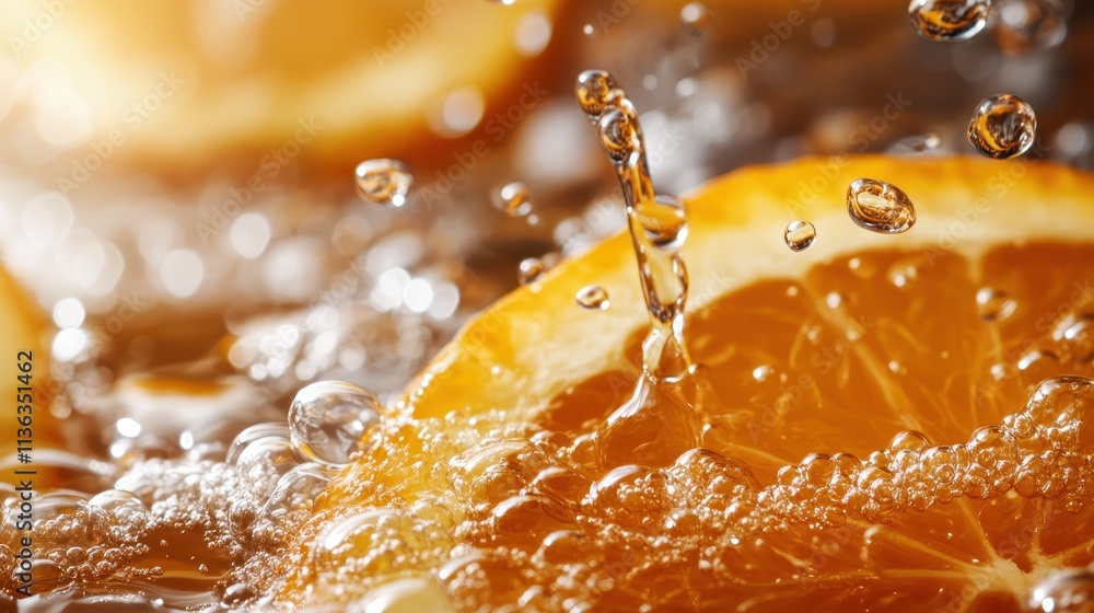 Aufkleber immerse in the dynamic splash of refreshing soda bubbles intermingling with vibrant orange slices, c