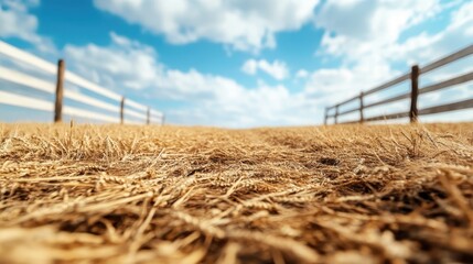 A serene golden wheat field stretches between two wooden fences, under a stunning blue sky with fluffy clouds, epitomizing rural beauty and tranquility.