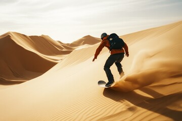 A daring adventurer sandboarding down golden dunes, leaving a trail of swirling dust under a bright sky.