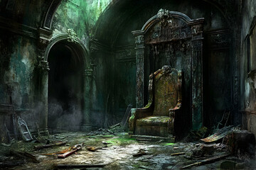 Overgrown throne in a ruined, dark hall.