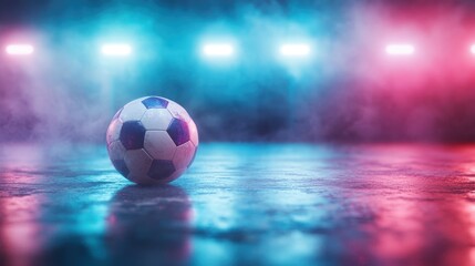 Naklejka premium A traditionally designed soccer ball rests on a misty sports field, illuminated by vibrant lights, symbolizing the passion, excitement, and timelessness of the game.