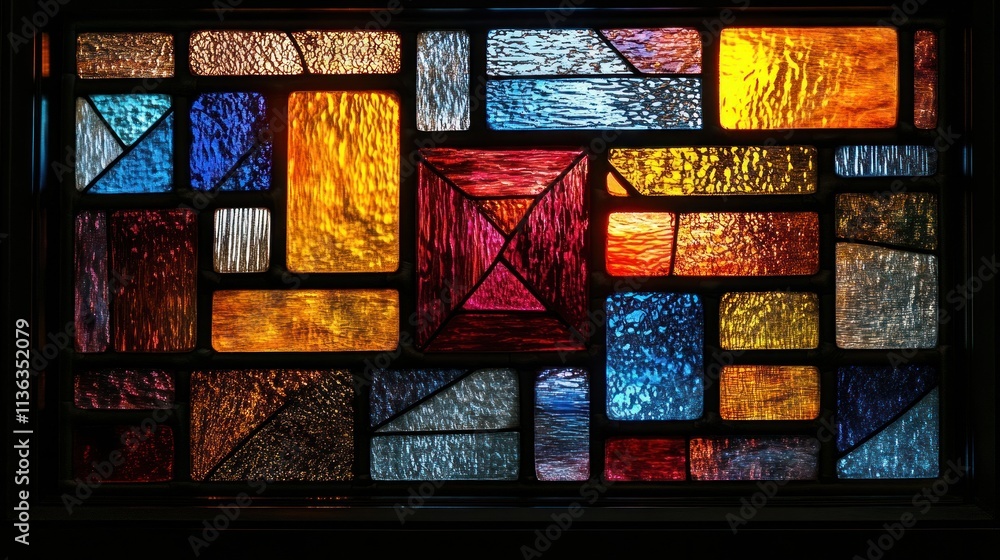 Poster vivid stained glass with geometric shapes and interlacing patterns creates a stunning display of col