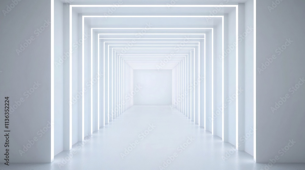 Poster minimalist architectural corridor with symmetrical light rays on blank background