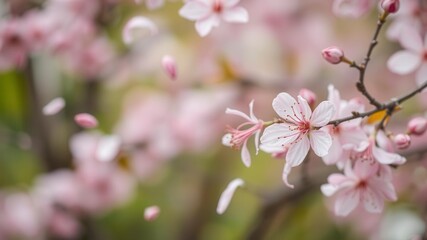 Soft pink sakura petals gently falling against a blurred background, background, petals
