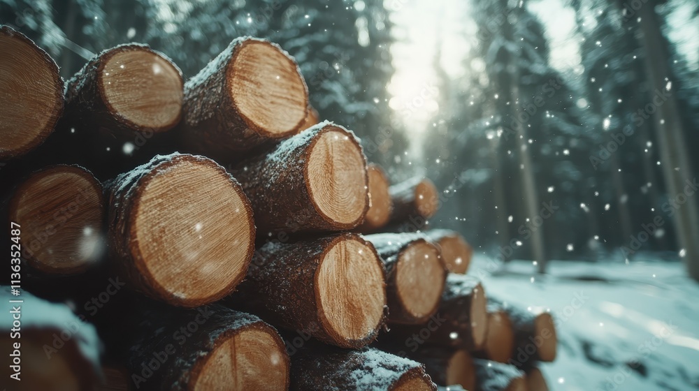 Poster a stack of neatly arranged logs covered with a dusting of snow, set against a tranquil and picturesq