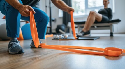 Physical therapy session: therapist guiding a patient through exercises with resistance bands, rehab equipment visible