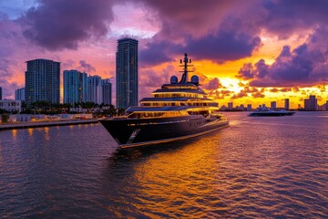 Naklejka premium A luxury yacht docked under a glowing sunset, symbolizing excellence in craftsmanship and design