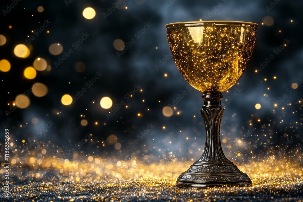 Poster a magical depiction of a celestial trophy glowing with mystical energy, surrounded by floating stars