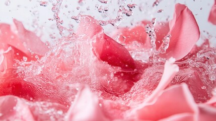 A dynamic cascade of pink petals creates a stunning display as they interact with splashes of water, reflecting a harmonious blend of nature's beauty and motion.