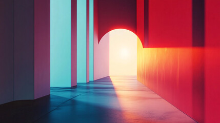 Fototapeta premium Vibrant abstract corridor with colorful lighting at dawn
