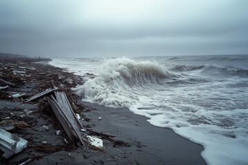 Powerful waves crash against a desolate, debris-strewn shore under an overcast sky, conveying the raw energy of nature.