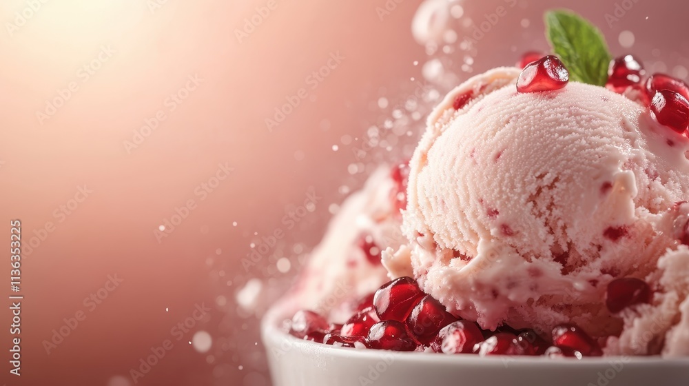 Poster a delightful serving of pomegranate ice cream adorned with fresh pomegranate seeds, creating a vibra