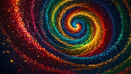 A colorful, swirling spiral of rainbow-like particles against a dark background.

