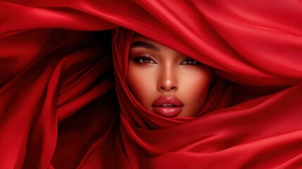 An elegant woman emerges from layers of red fabric, her intensely expressive face framed dramatically in a composition of mystery, allure, and sophistication.