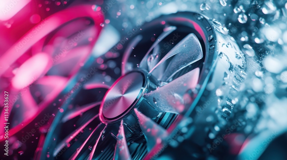 Poster a close-up view of modern cooling fans highlighted by vibrant pink and blue lighting, emphasizing th