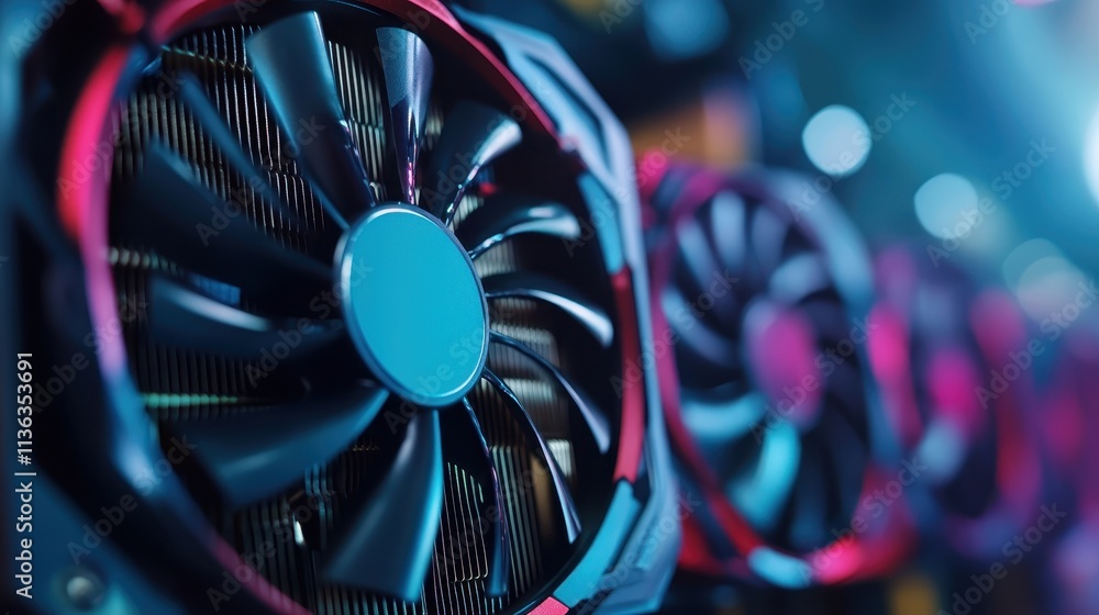 Poster a line-up of cooling fans captured with their sleek, streamlined design accentuated by soft lighting