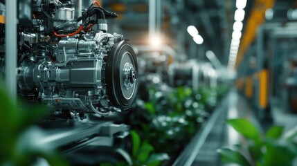 Fototapeta premium An industrial manufacturing line is shown alongside greenery, combining nature with technology to convey sustainability and modern production in a futuristic light.
