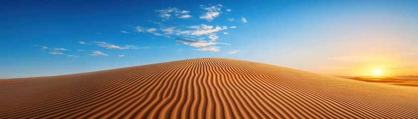 Naklejka premium A vast desert landscape features rippling sand dunes under a bright blue sky, illuminated by the warm glow of a setting sun.
