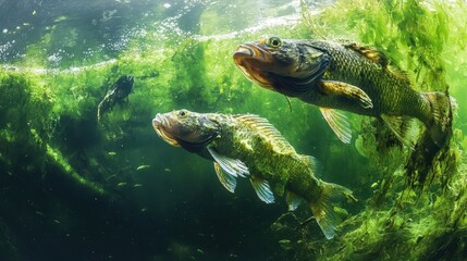 Obraz premium Toxic Algae Suffocating Freshwater Fish in Polluted Lake Ecosystem