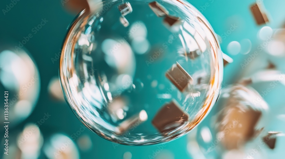 Poster a captivating macro shot highlighting reflections in large translucent soap bubbles, artistically ca