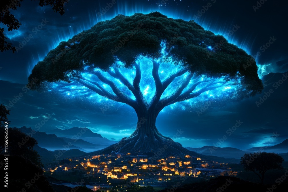 Poster a massive tree with glowing roots and leaves, towering over a magical village built into its base