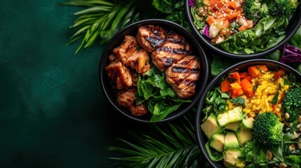 An artistic presentation of three bowls featuring a mix of grilled and colorful foods atop greens, surrounded by a lush background, highlighting diversity and flavor.