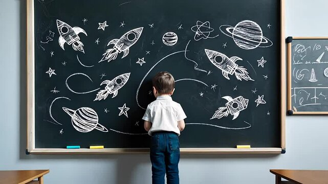 Young Child Drawing Rockets and Planets on Classroom Chalkboard with Space-Themed Artwork

