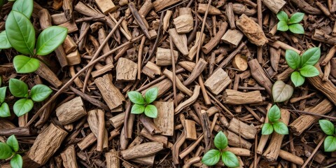 Moss and fungus covered tree bark with acorn pile on white background, earthy, plant, natural