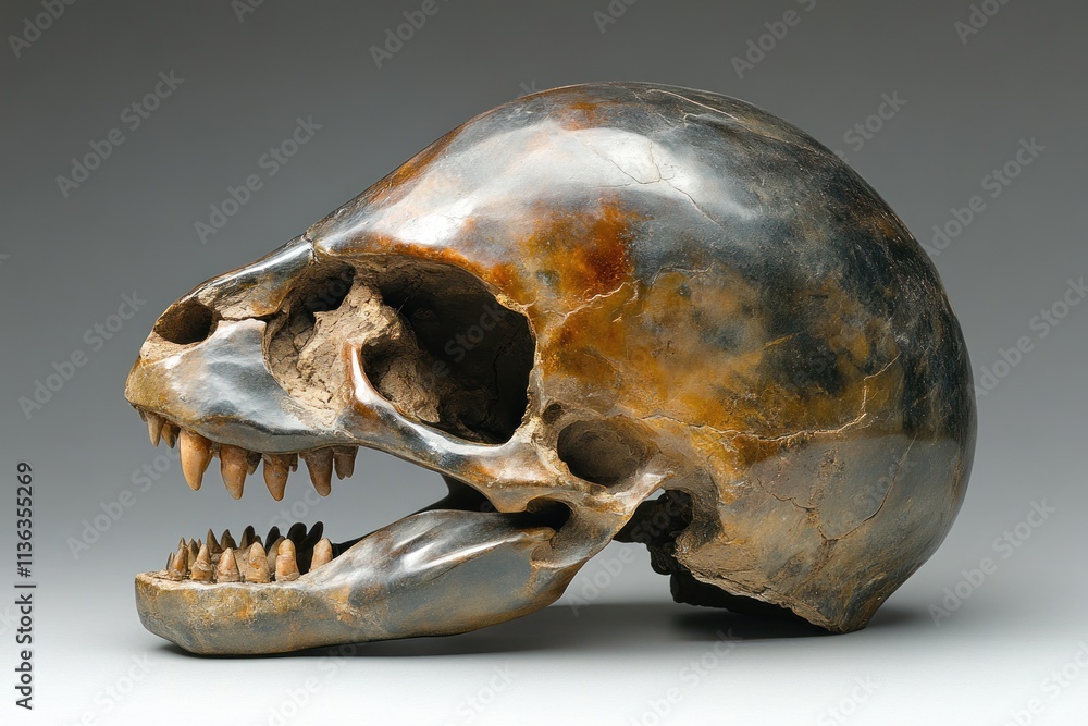 Poster fossilized reptile skull fragment displays intricate jaw structure and teeth, offering insights into