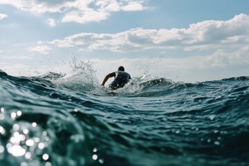 A lone surfer paddles through dynamic ocean waves under a bright, partly cloudy sky, embodying a spirit of adventure and freedom.