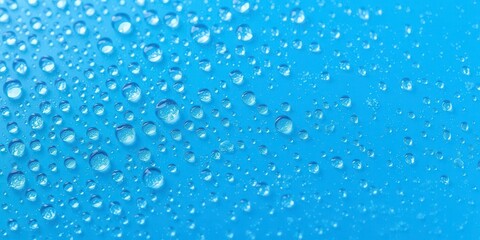 Water drops glistening on vibrant blue background, liquid, shiny, texture