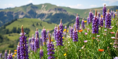 Obraz premium Mountain hill covered with vibrant purple lupine flowers under clear blue sky, tranquil, mountain, scenic