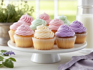 A display of colorful cupcakes with swirled frosting on a white stand.