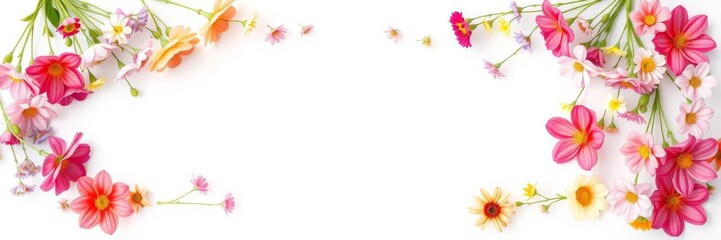 Multicolored flowers frame with a space in the middle on a white background, flowers, decoration, border