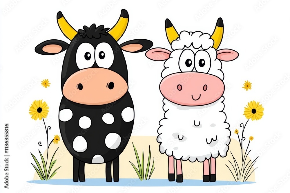 Aufkleber a minimalist illustration of a cow and a ewe standing side by side, drawn with simple lines and neut
