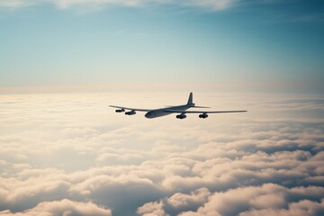A lone airplane flies above a blanket of clouds, framed by the vast expanse of a serene sky at dawn.