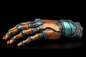 A detailed view of a cybernetic hand showcasing intricate metal plating and advanced flexible synthetic tendons